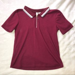 Girl’s White Fawn Maroon Ribbed Short Sleeve Shirt Striped Collar Zip Size Large